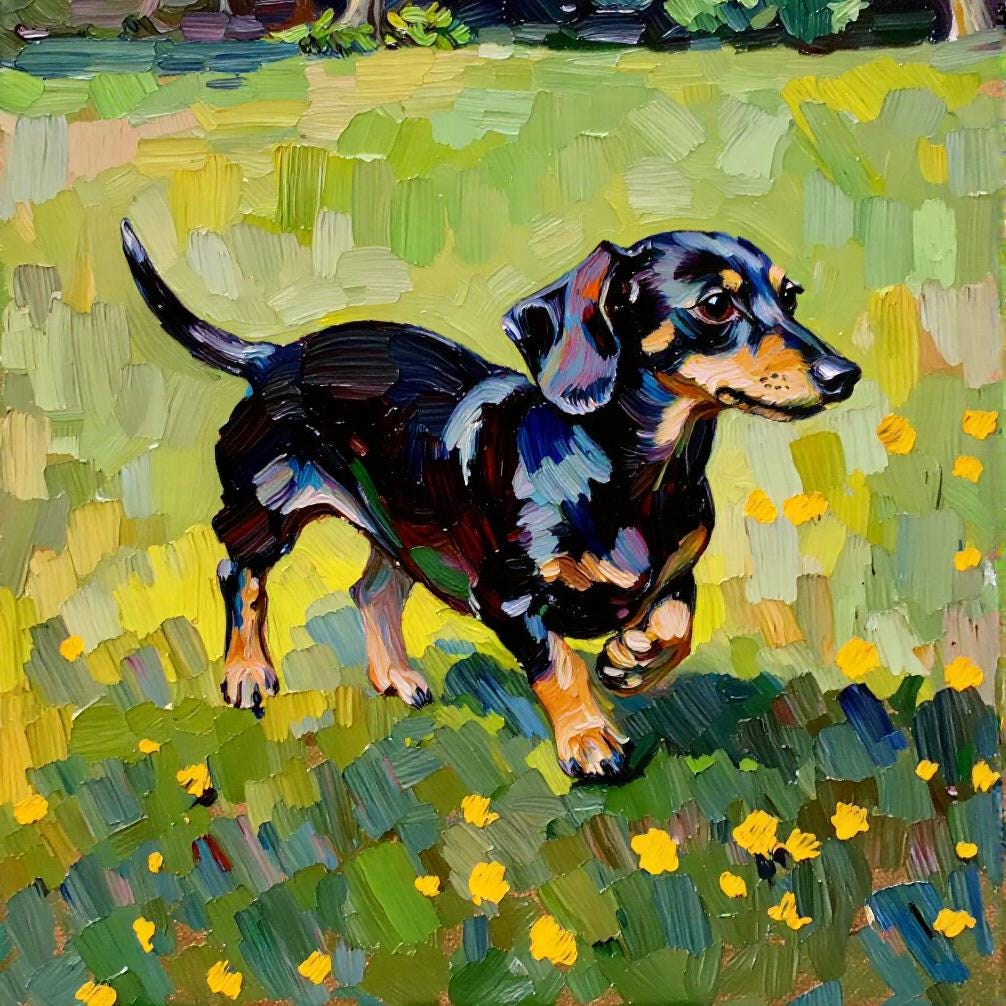 A custom impasto pet portrait of a Dachshund running in a field with yellow flowers, rendered in a textured digital oil style with vibrant greens, yellows, and blacks.