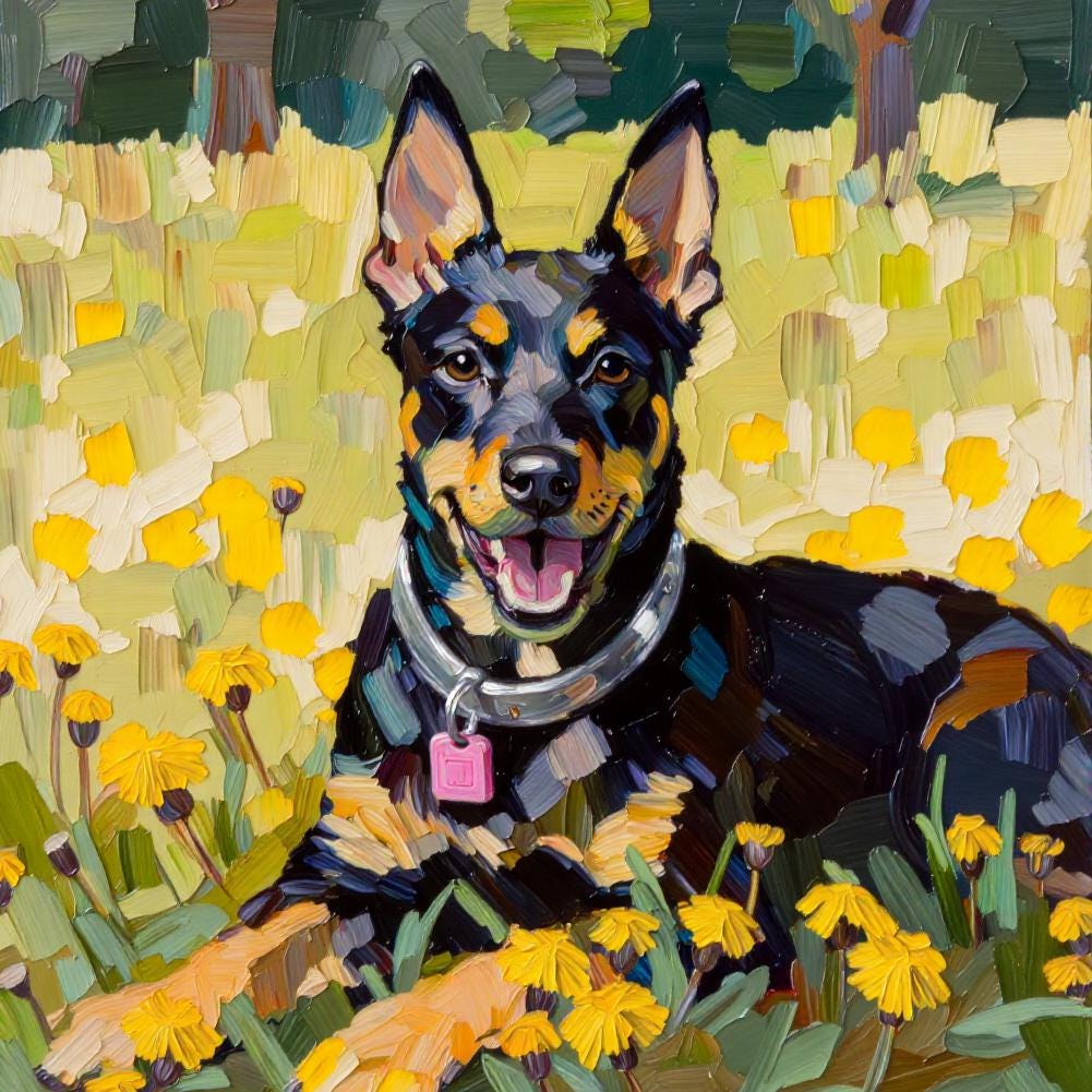 A custom impasto pet portrait of a dog lying in a field with yellow flowers, rendered in a textured digital oil style with vibrant greens, yellows, and blacks.