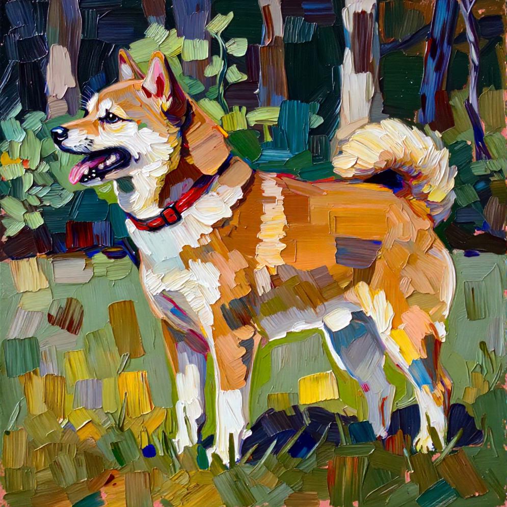 A custom impasto pet portrait of a Shiba Inu standing in a forest, rendered in a textured digital oil style with vibrant greens, browns, and reds.