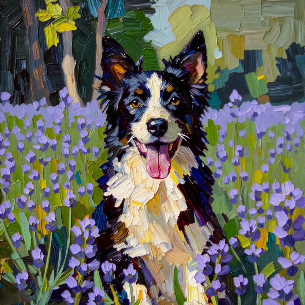 A custom impasto pet portrait of a Border Collie sitting in a field of lavender, rendered in a textured digital oil style with vibrant purples, greens, and blacks.