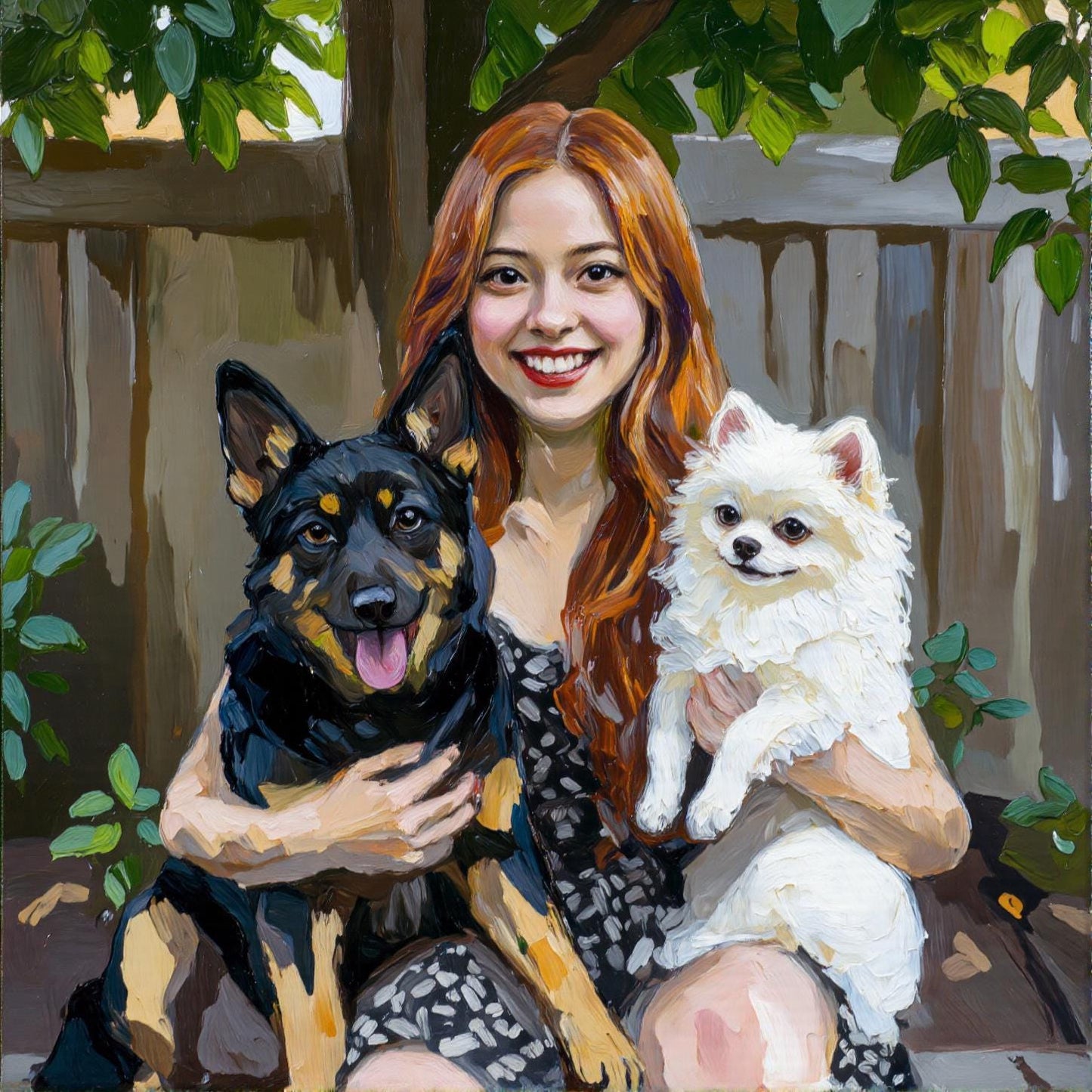Woman and Two Dogs: Handcrafted digital cat portrait of a woman with a German Shepherd and a Pomeranian in vibrant impasto oil style. Custom digital art. Includes 2 pets!