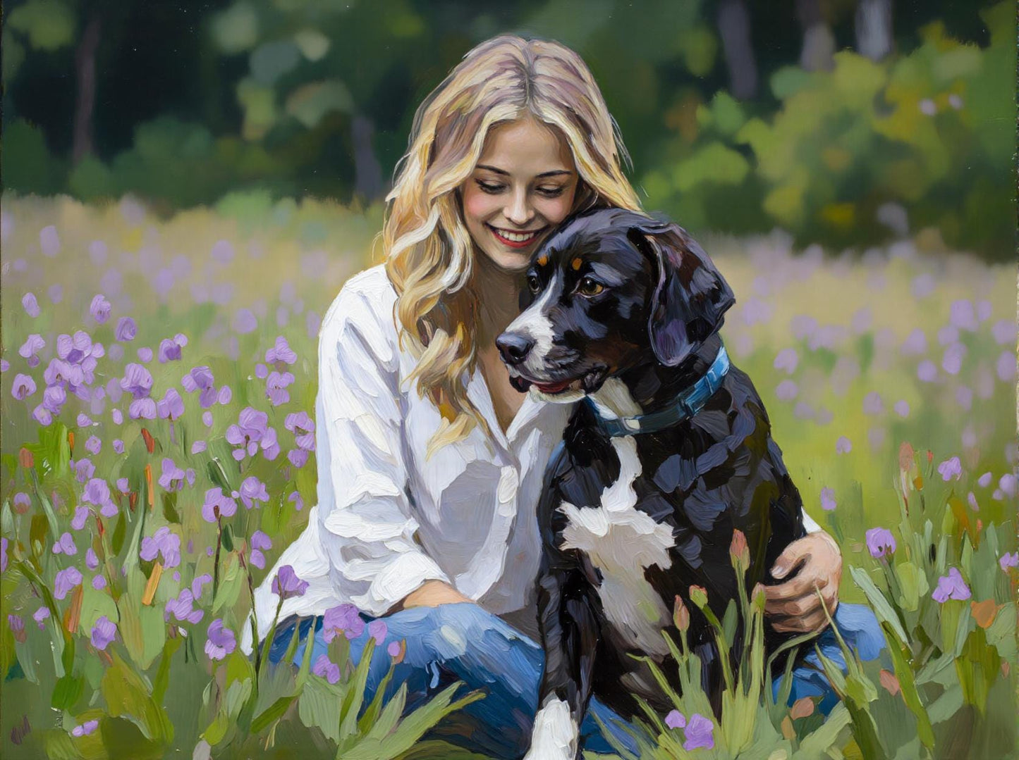 Woman and Dog in Field: Custom pet portrait in a vibrant impasto oil style, featuring a woman and her dog in a field of flowers. Handcrafted digital art, capturing serene moments.