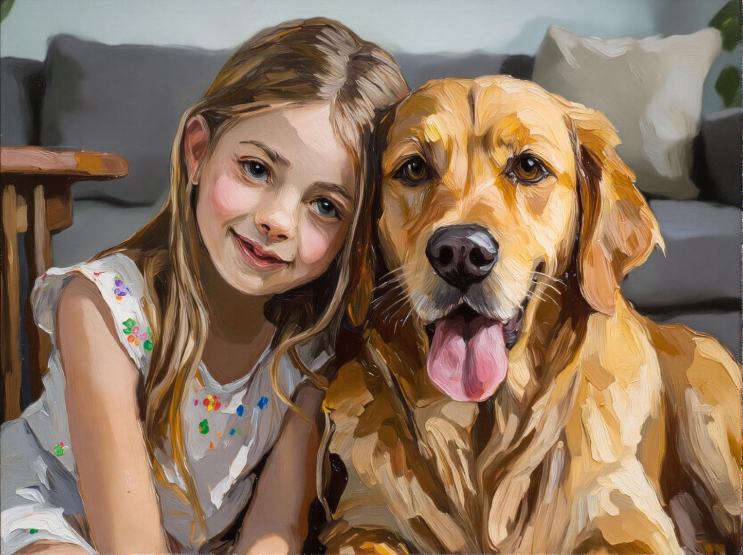 Girl and Golden Retriever: Custom pet portrait in a vibrant impasto oil style, featuring a girl and her Golden Retriever. Handcrafted digital art, perfect as a keepsake. 1 Pet + 1 Human!
