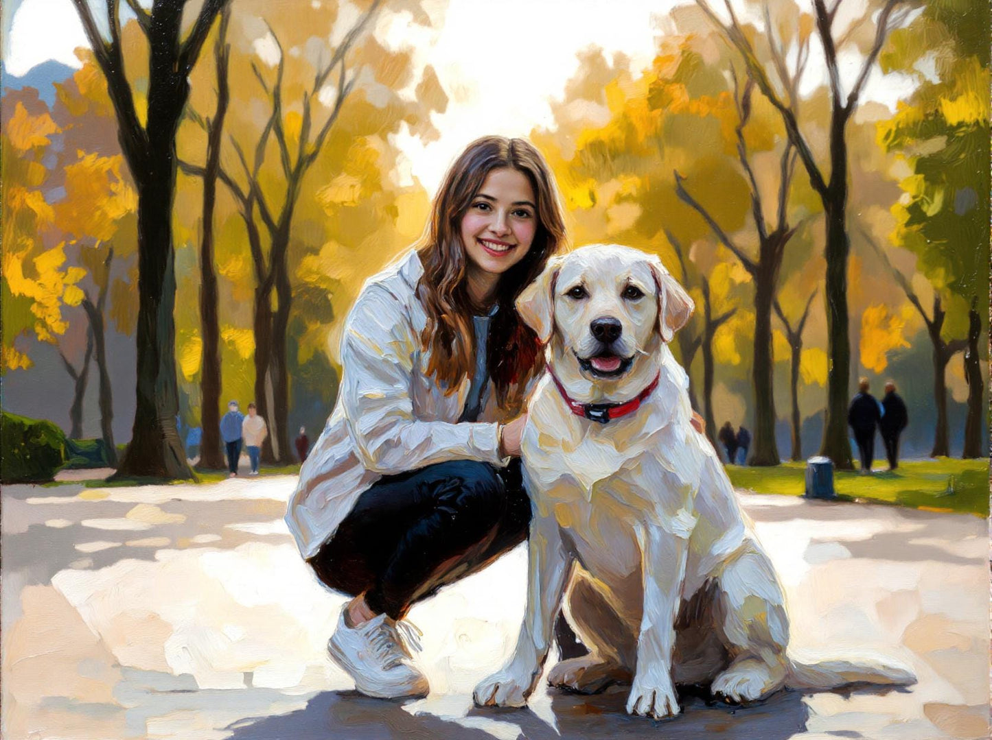 Girl and Labrador in Park: Custom pet portrait in a vibrant impasto oil style, featuring a girl and her Labrador in a park. Handcrafted digital art, capturing joyful moments.