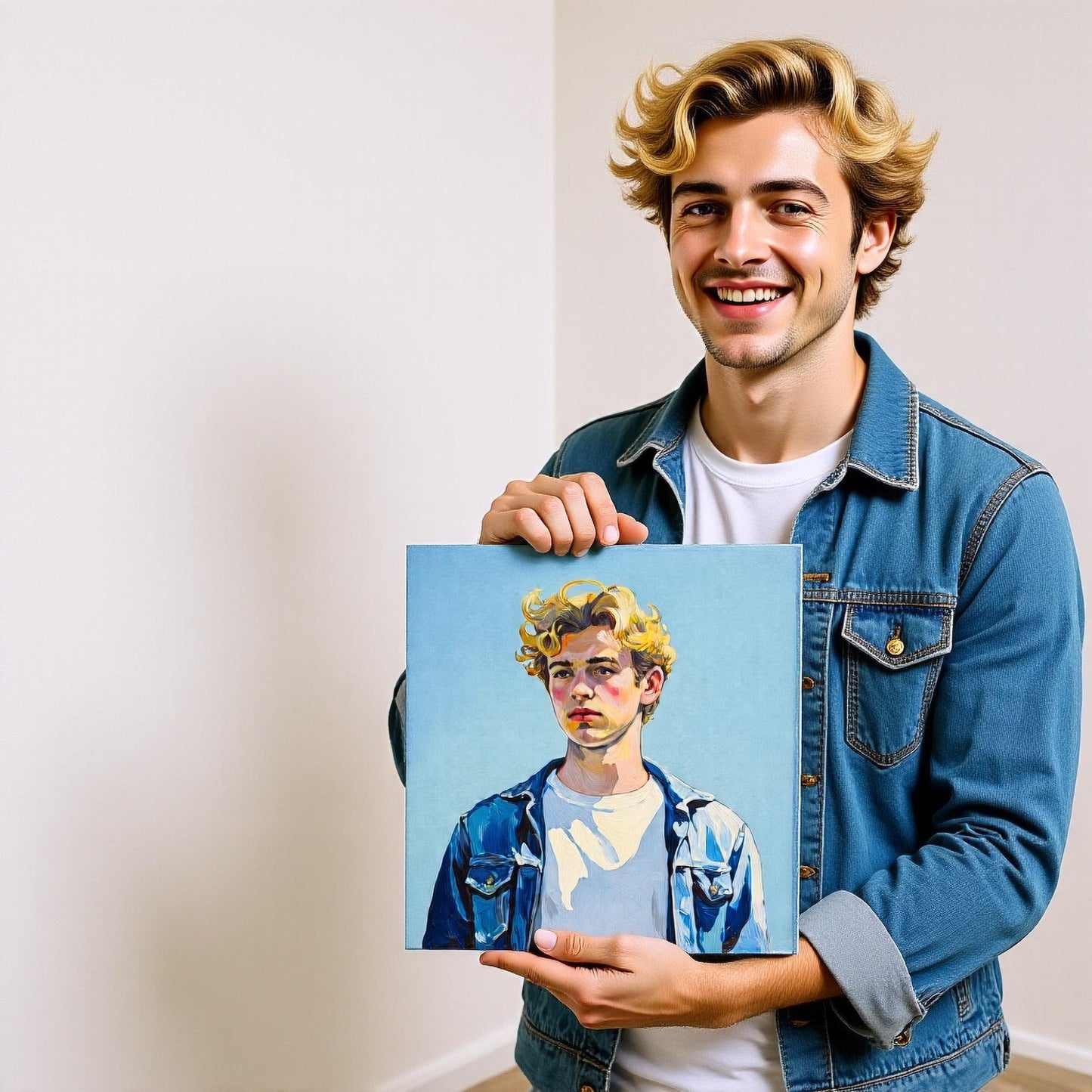 Man Holding Portrait: Man holding a personalized oil painting style portrait of himself. Thick brush digital art from photo, a unique custom gift. Transform photo to oil portrait!