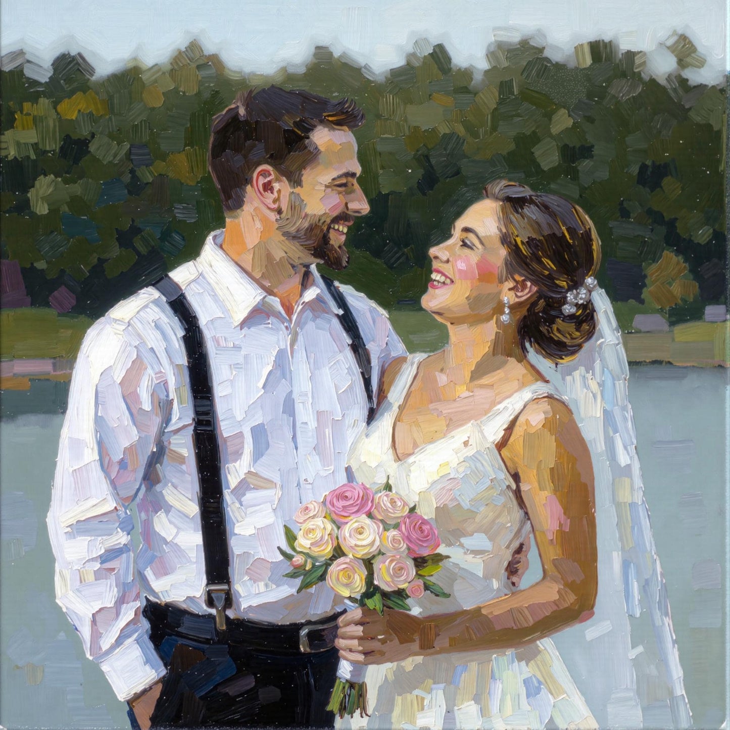 Wedding Couple Portrait: Personalized oil painting style portrait of a wedding couple by a lake. Thick brush digital art from photo, a unique custom gift. Transform photo to oil portrait!
