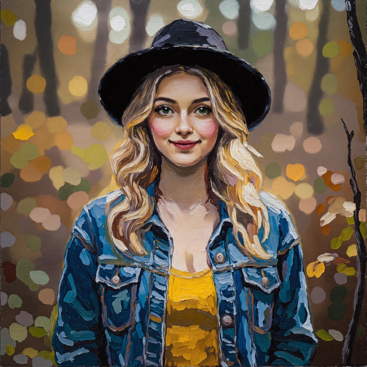 Woman in Forest Portrait: Thick brush digital art portrait of a woman in a forest setting. Personalized oil painting style, a custom gift for home decor. Transform photo to oil portrait!