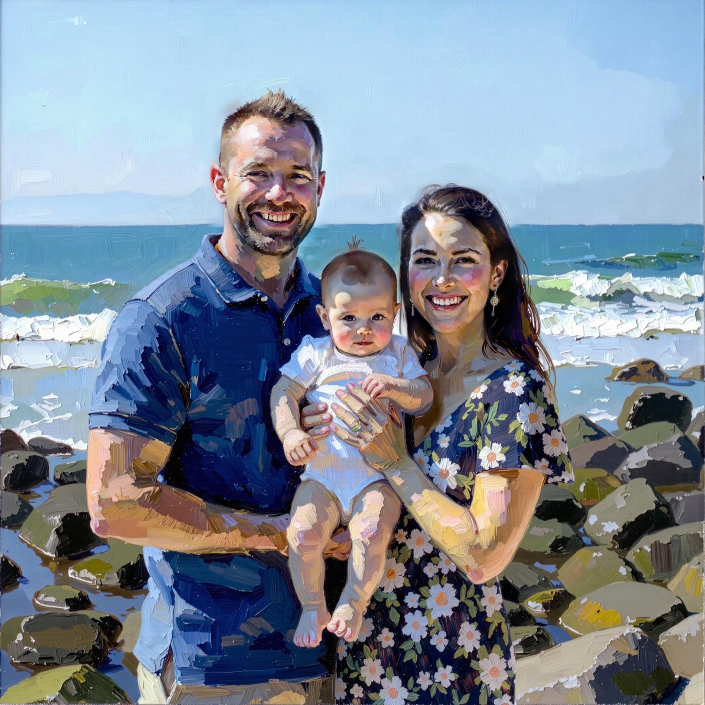 Family on Beach: Custom wedding portrait in digital impasto oil style. A family on a beach, a unique anniversary gift. Fast 1-day delivery! More than 2 People.