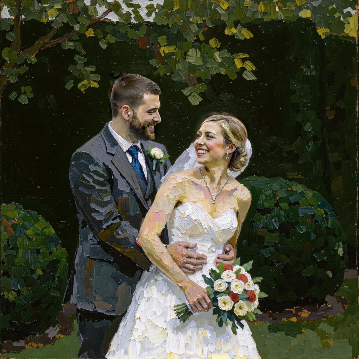 Wedding Couple in Garden: Digital impasto oil painting of a wedding couple in a garden setting. Custom wedding portrait, a unique anniversary gift. Fast 1-day delivery!