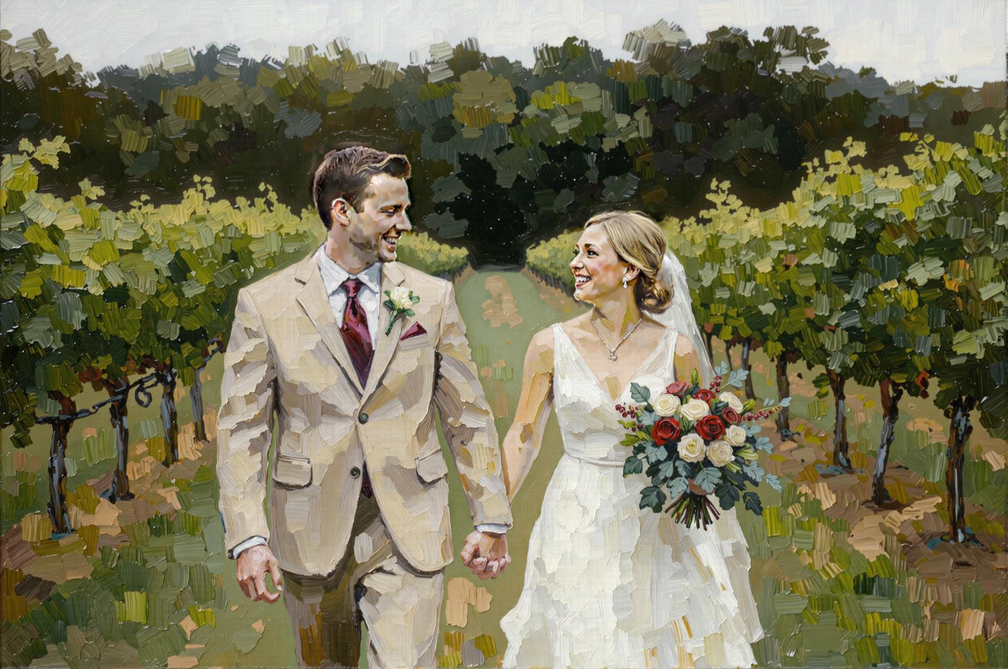 Wedding Couple in Vineyard: Digital impasto oil painting of a wedding couple in a vineyard. Custom wedding portrait, a unique anniversary gift. Fast 1-day delivery!
