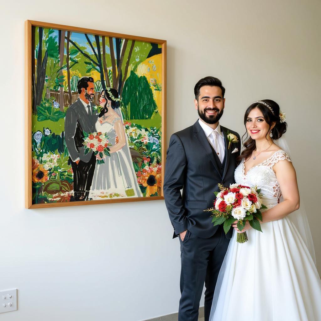 A smiling couple stands next to their personalized wedding portrait on canvas, depicting them in a garden setting. The framed artwork features bold brushstrokes and vivid colors, celebrating their love story forever.