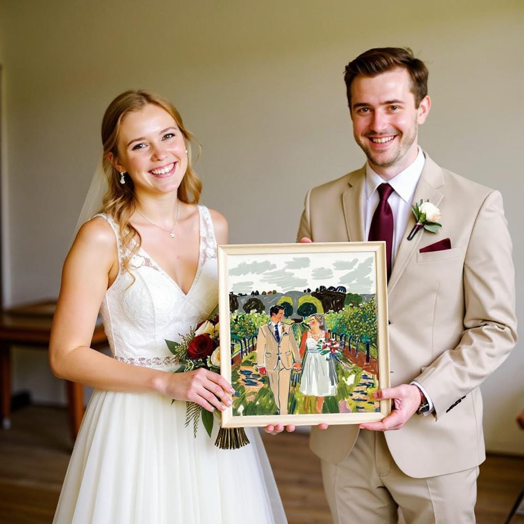 A newlywed couple holds a framed giclée canvas print of their personalized wedding portrait. The artwork showcases a romantic scene with soft colors and expressive brushstrokes, capturing their special day in a unique style.