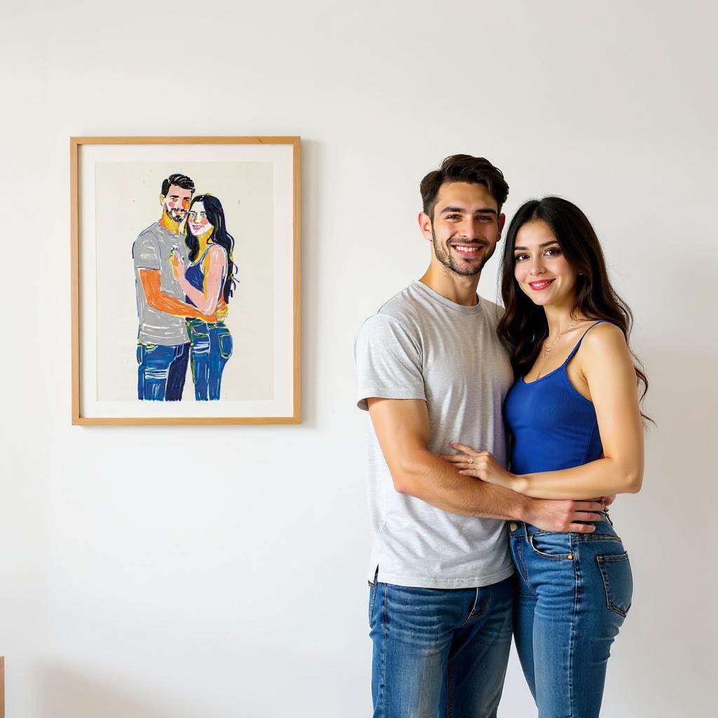A couple embraces next to their personalized wedding portrait on canvas, showcasing them in casual attire with a modern and vibrant style. The framed artwork captures their unique bond with bold colors and expressive brushstrokes.
