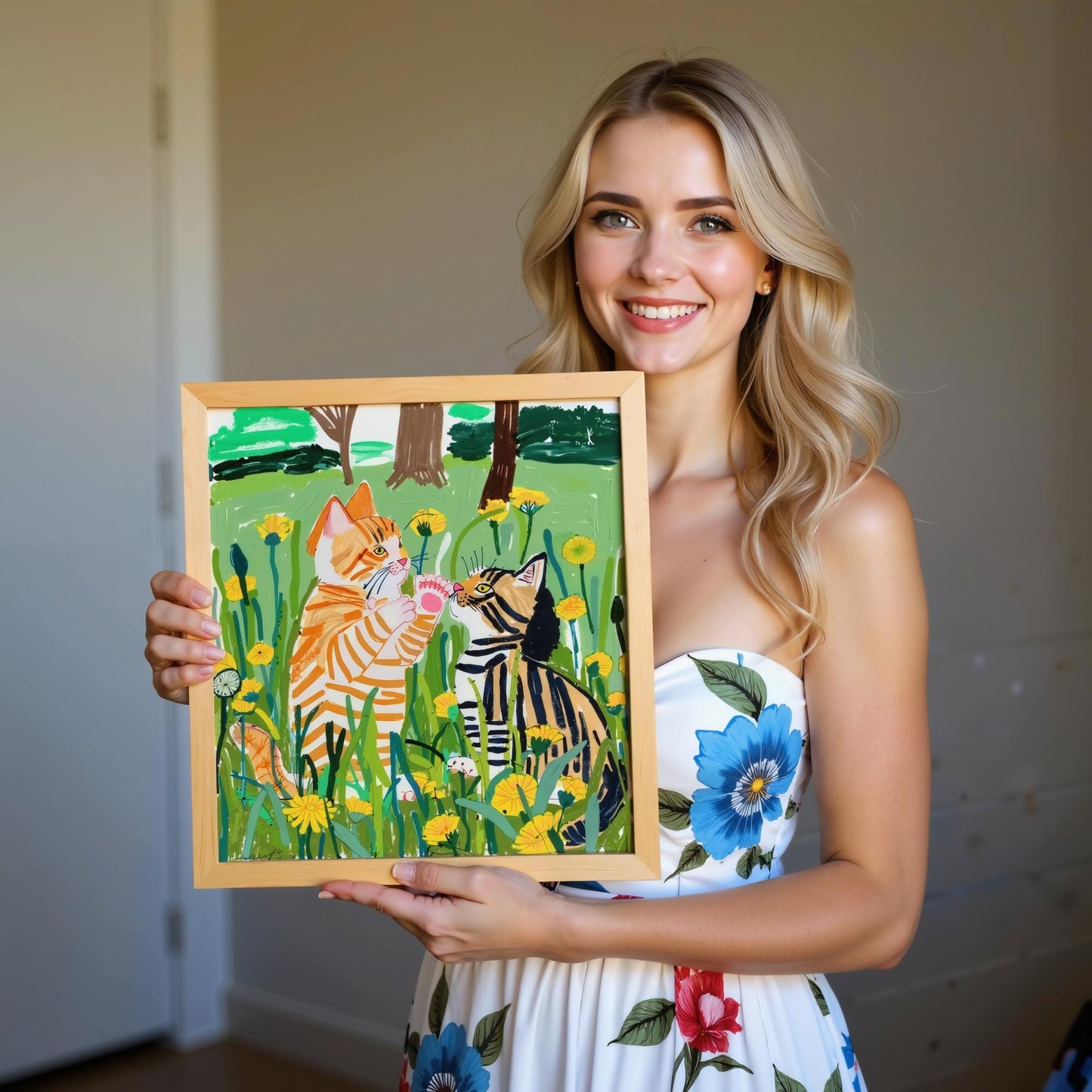 A custom pet portrait on giclée canvas, hand-drawn illustration of two cats in a field of dandelions, held by a smiling woman in a floral dress.