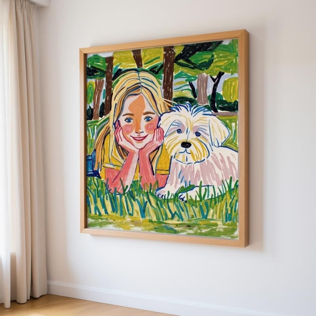 A custom pet portrait on giclée canvas, hand-drawn illustration of a girl and her white dog lying in the grass, framed and displayed on a white wall.