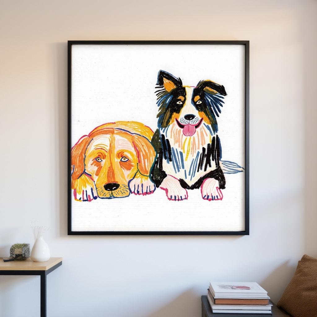 A custom pet portrait on giclée canvas, hand-drawn illustration of a Golden Retriever and a Border Collie lying side-by-side, framed and displayed on a white wall.