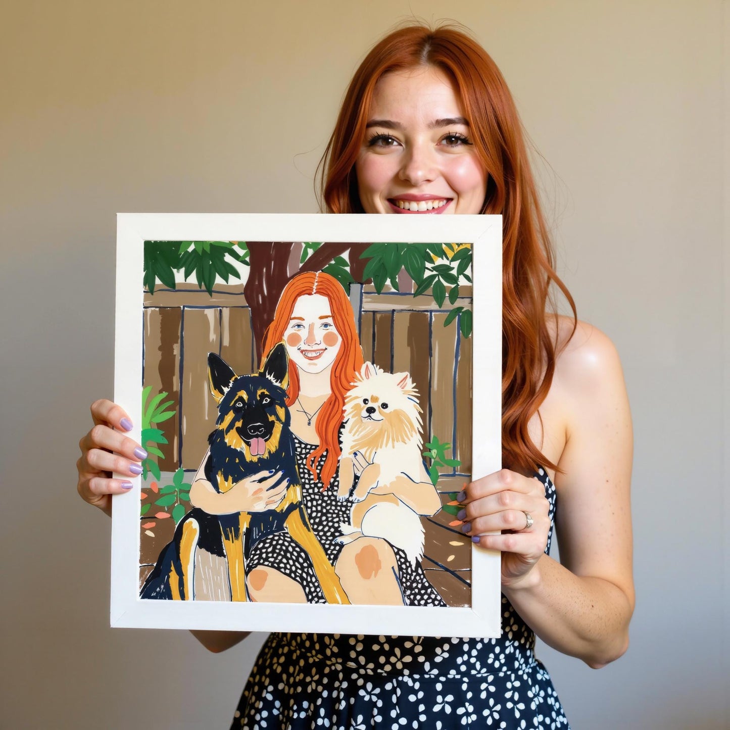 A custom pet portrait on giclée canvas, hand-drawn illustration of a woman holding a German Shepherd and a Pomeranian, framed and held by a smiling woman in a black and white dress.