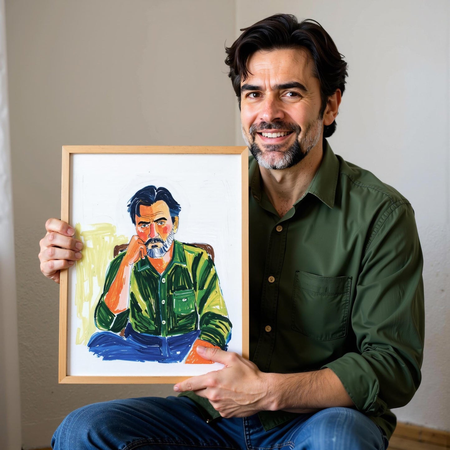 A man holds a custom portrait on canvas, showcasing a stylized depiction of himself in a green shirt and jeans. The framed artwork is a giclée print with visible brushstrokes, adding texture and depth.