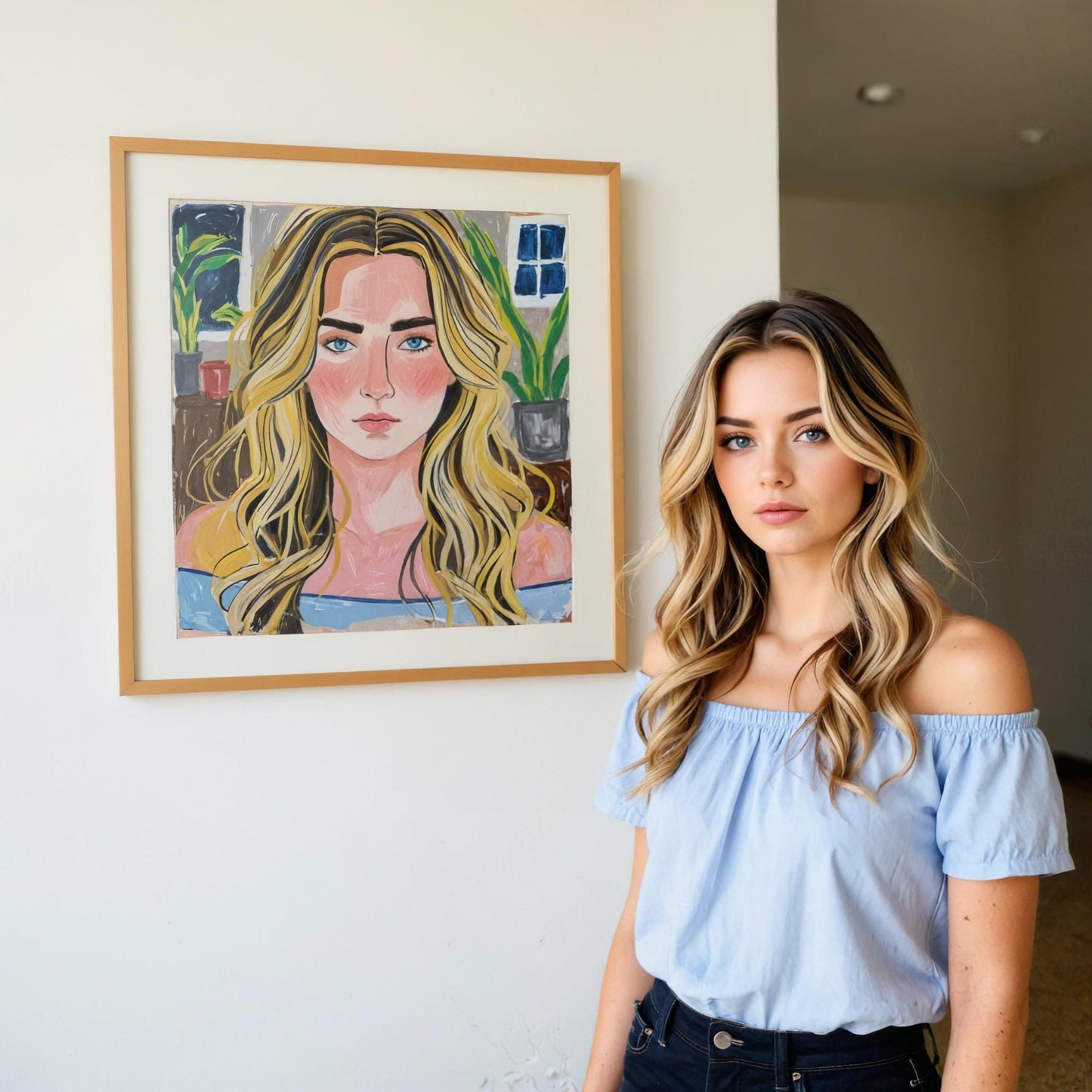 A woman stands next to a personalized portrait on canvas, capturing her likeness in a vibrant, modern style. The framed artwork adds a personal touch to the room, reflecting her unique features and style.