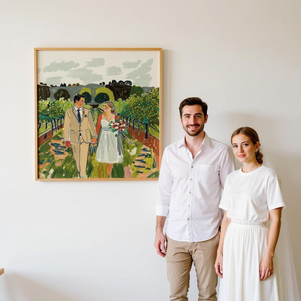 A couple showcases their personalized portrait on canvas, depicting them walking through a vineyard. The framed artwork features soft colors and expressive brushstrokes, creating a romantic and timeless keepsake.