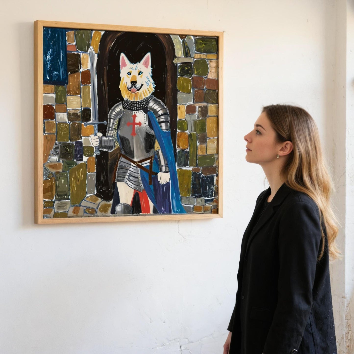 Custom pet portrait on canvas, featuring a white dog dressed as a knight in shining armor, displayed on a wall. The whimsical art captures the heroic spirit of the pet with vibrant colors.