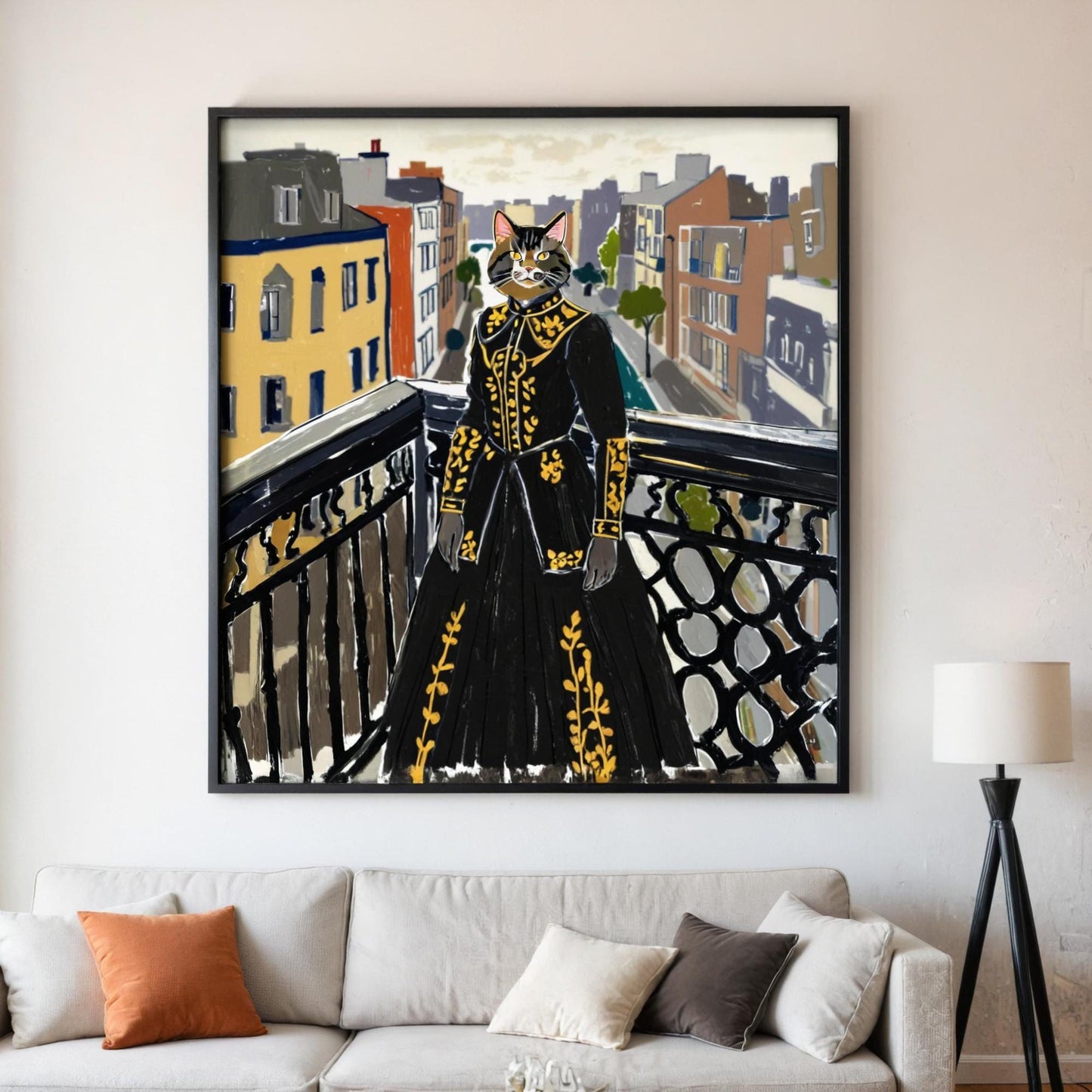 Custom pet portrait on canvas, featuring a tabby cat dressed in a regal black and gold gown, displayed in a living room. The whimsical art adds a touch of humor and sophistication to the space.