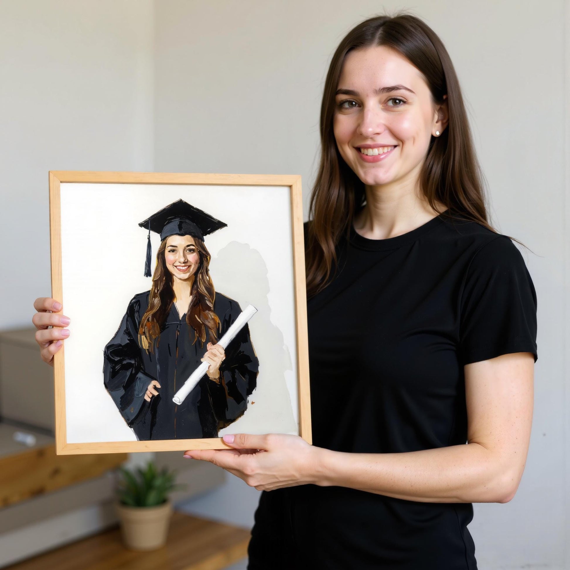 A woman holds a personalized graduation portrait on canvas, depicting her in a cap and gown with a diploma in hand. The framed artwork celebrates her academic achievement with bold colors and expressive brushstrokes.