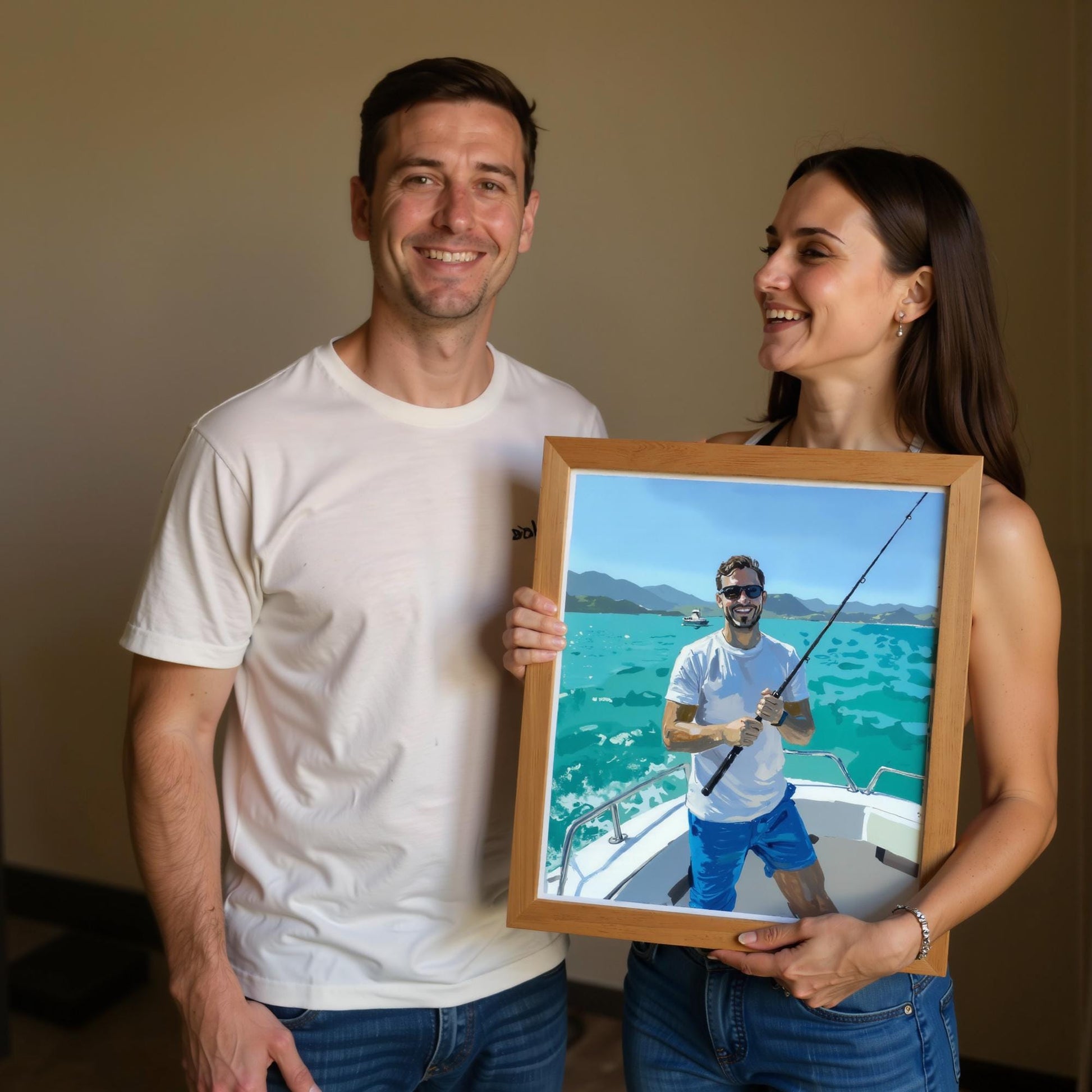 A couple holds a personalized portrait on canvas, depicting the man fishing on a boat with a scenic ocean backdrop. The framed artwork captures their adventurous spirit with vibrant colors and expressive brushstrokes.