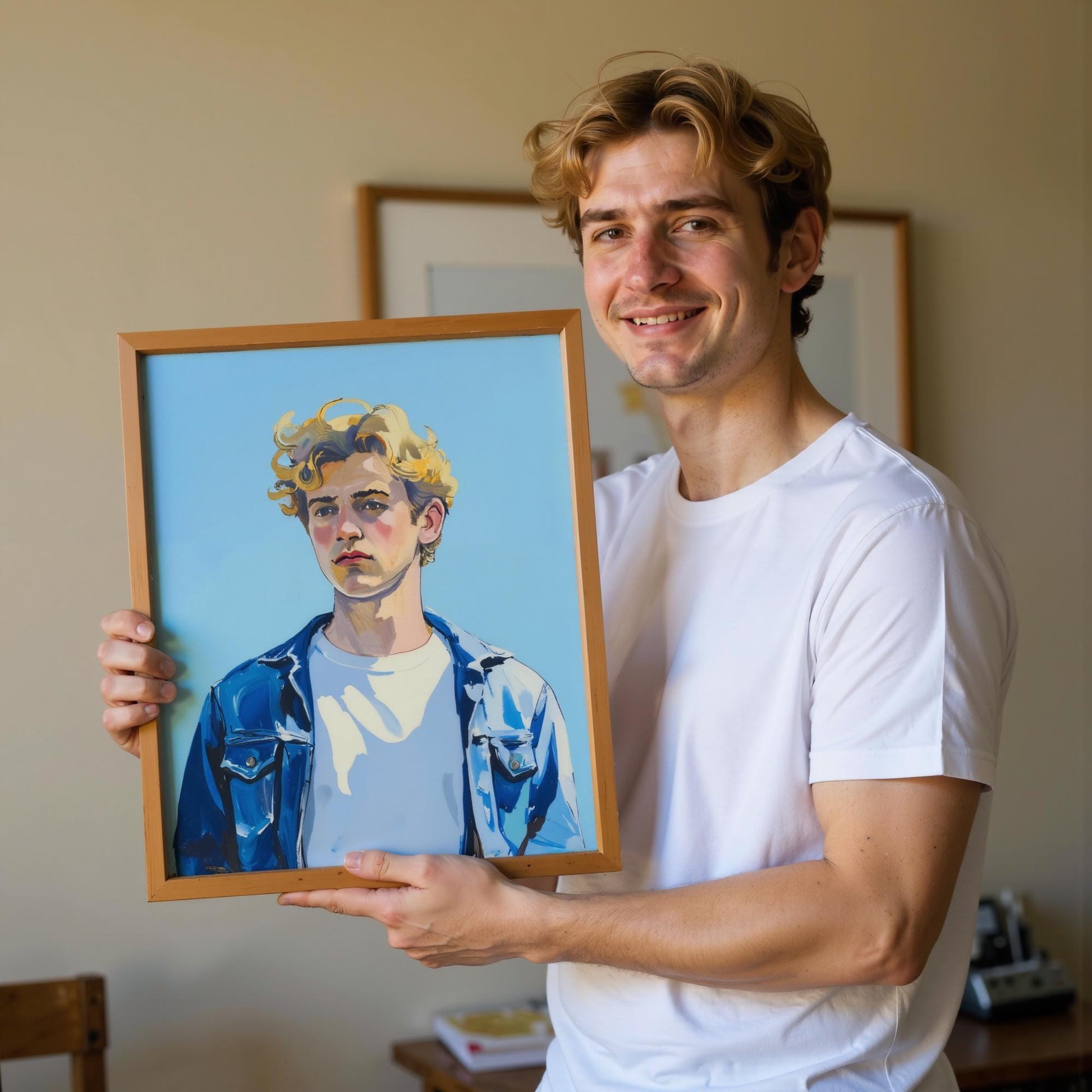 A young man holds a personalized portrait on canvas, showcasing a modern and vibrant depiction of himself. The framed artwork is a giclée print, capturing his unique features and style with bold brushstrokes.