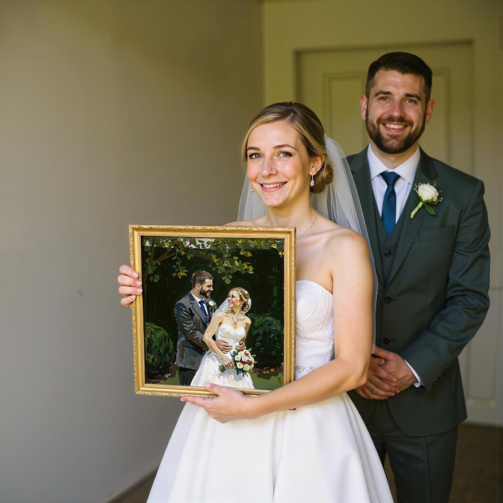 A couple holds a personalized wedding portrait on canvas, depicting them in their wedding attire with a lush garden backdrop. The framed artwork captures their special day with soft colors and expressive brushstrokes.