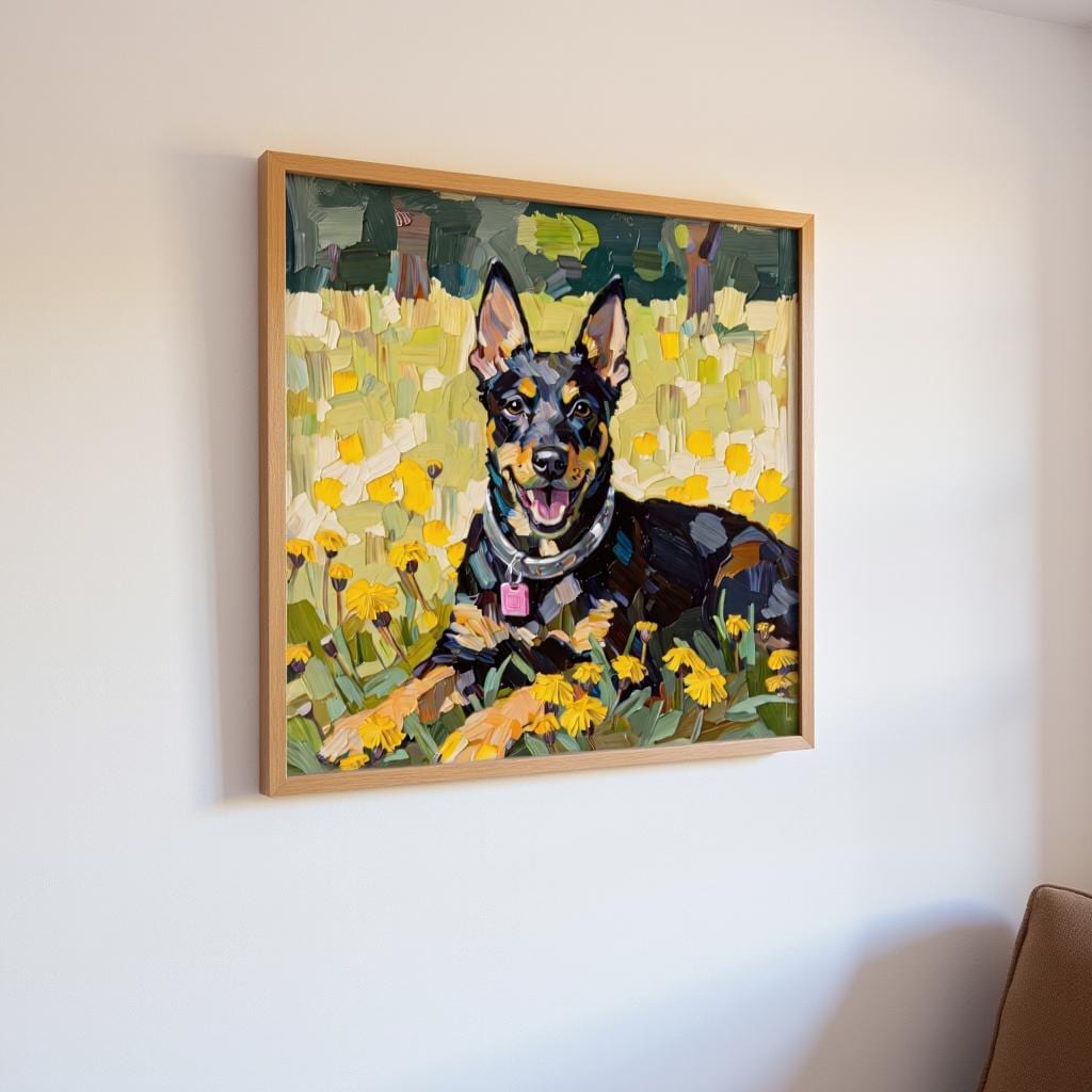 Custom thick oil pet portrait giclée canvas print of a dog lying in a field of yellow flowers, framed and displayed on a white wall, showcasing the vibrant colors and thick brushstrokes.
