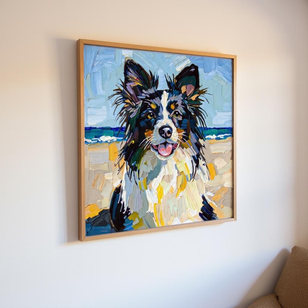 Custom thick oil pet portrait giclée canvas print of a Border Collie on a beach, framed and displayed on a white wall, highlighting the impasto texture.