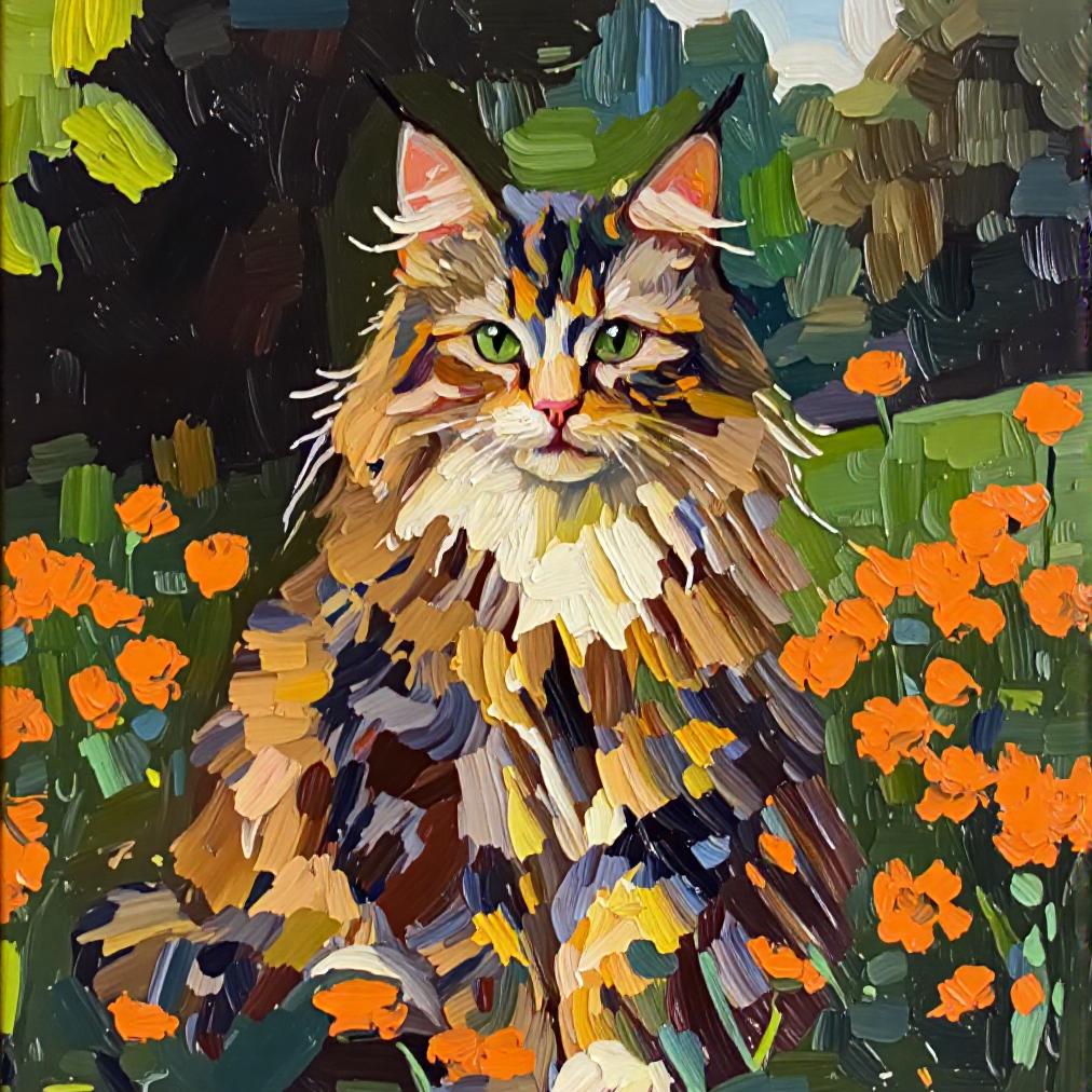 Close-up of a custom thick oil pet portrait giclée canvas print of a cat sitting in a field of orange flowers, showcasing the textured brushstrokes and vibrant colors.