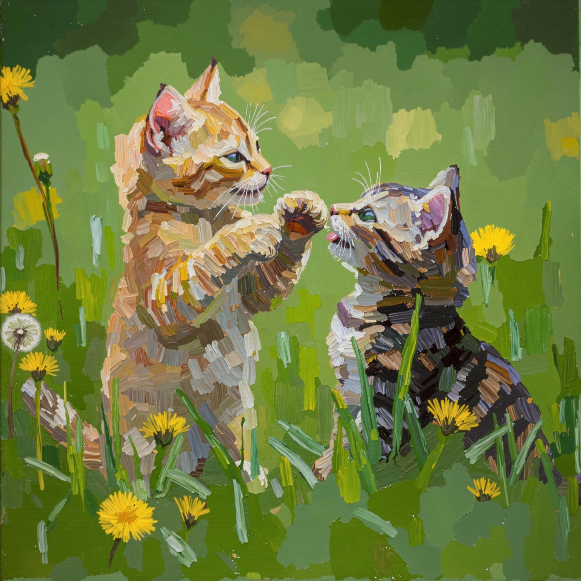 Custom thick oil pet portrait giclée canvas print of two kittens playing in a field of dandelions, capturing the playful scene with textured brushstrokes.