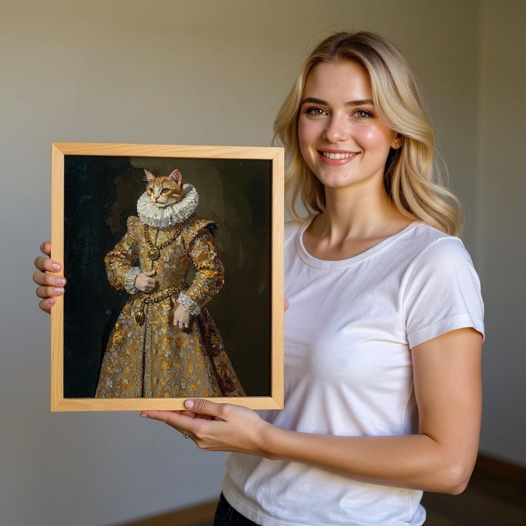 Custom thick oil pet portrait giclée canvas print of a cat dressed in royal attire, held by a smiling woman, highlighting the unique and whimsical design.