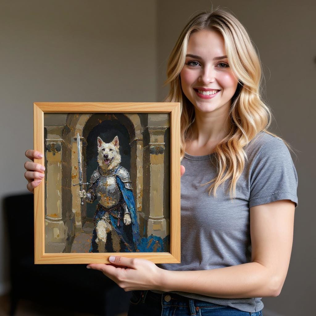 A woman holds a custom medieval pet portrait on canvas, depicting a white dog dressed as a knight in shining armor with a sword. The framed artwork captures the heroic spirit of the pet with thick oil paint texture and vibrant colors.