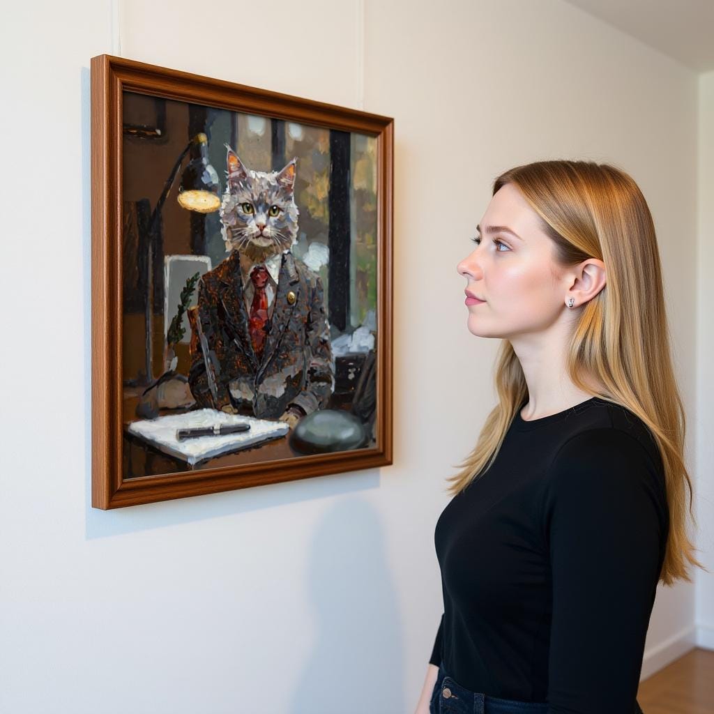 Custom medieval pet portrait on canvas, featuring a cat dressed in a business suit sitting at a desk with a laptop and a lamp. The framed artwork captures the professional and sophisticated look of the pet with thick oil paint texture.