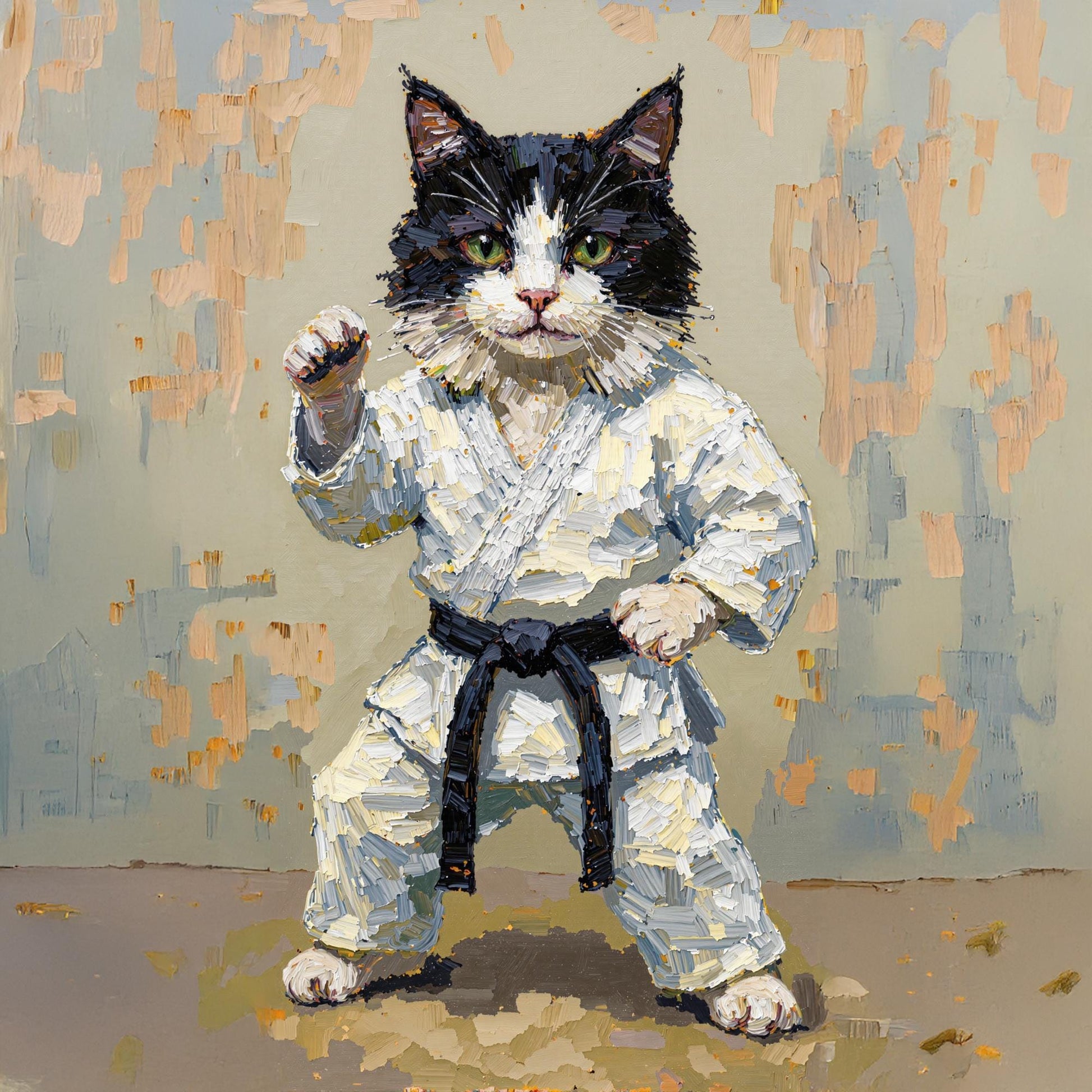 Custom medieval pet portrait on canvas, featuring a cat dressed in a karate uniform with a black belt, ready for action. The artwork is a giclée print with thick oil paint texture, adding a touch of humor and strength to any room.
