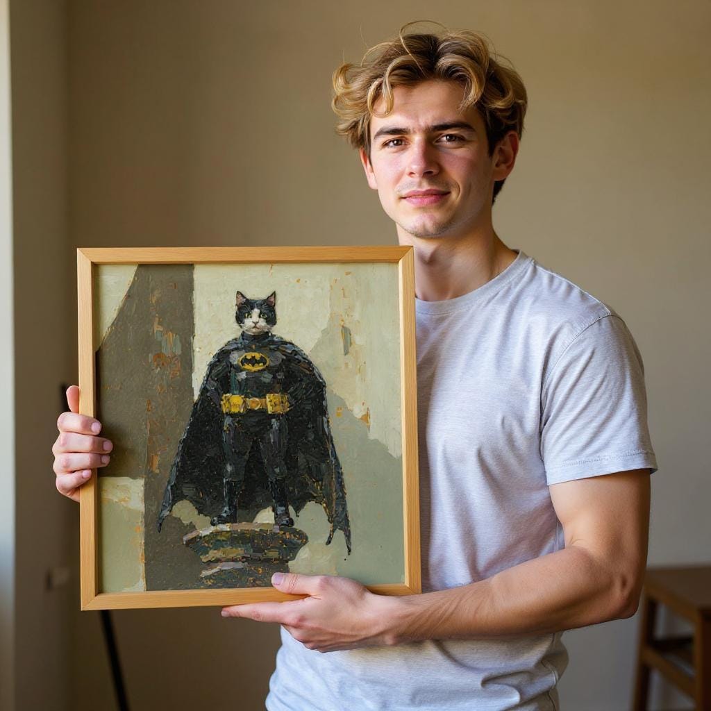 A man holds a custom medieval pet portrait on canvas, depicting a cat dressed as Batman standing on a pedestal. The framed artwork captures the heroic and playful spirit of the pet with thick oil paint texture and vibrant colors.