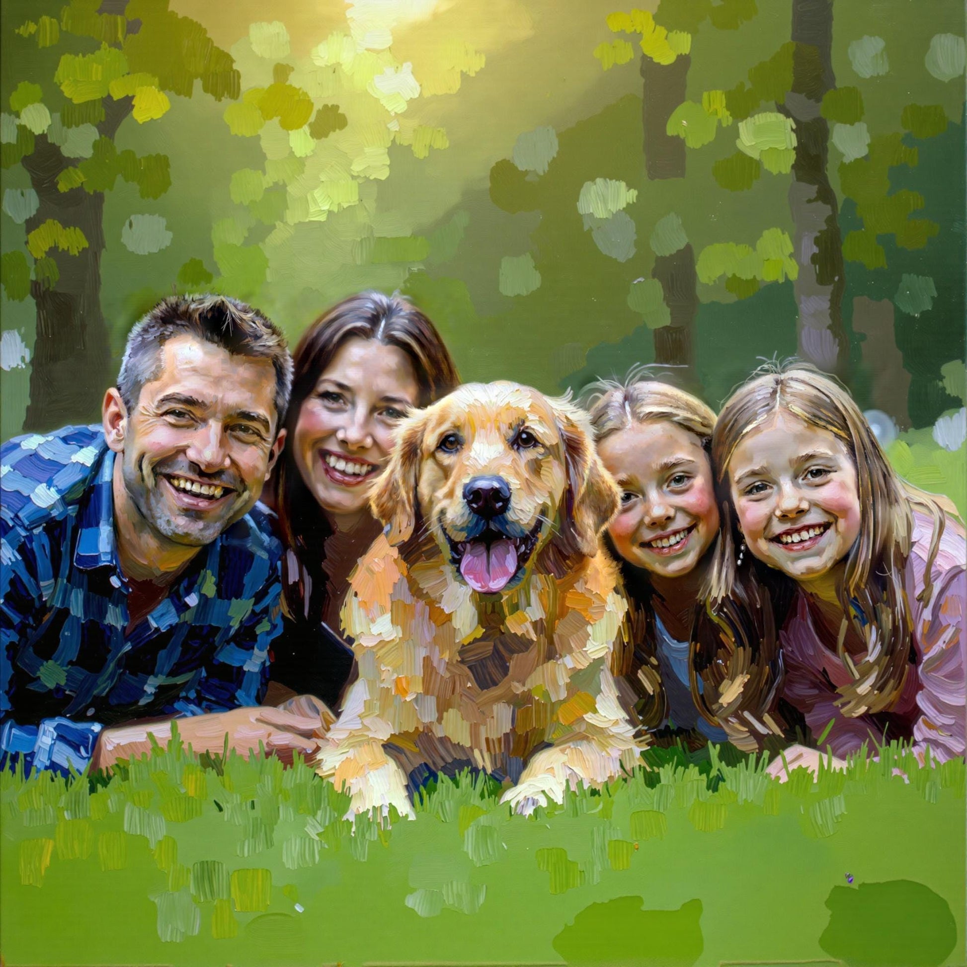 Custom oil thick paint family portrait on canvas, featuring a family of five with their golden retriever in a park. The giclée art is a personalized family portrait with thick oil paint texture, framed to add a touch of elegance.