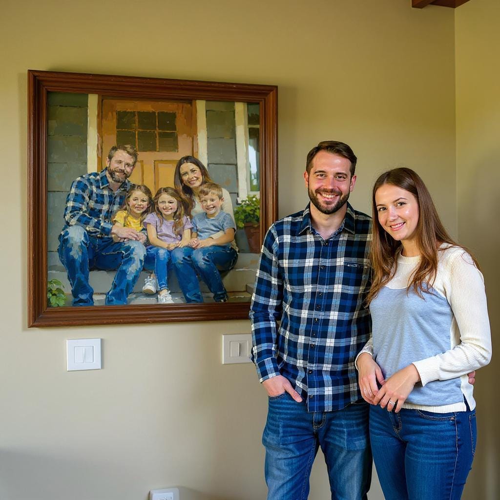 A family stands next to their custom oil thick paint family portrait on canvas, depicting them sitting on the steps of their home. The personalized giclée art has a thick oil paint texture, framed to add a touch of elegance and warmth to the family scene.