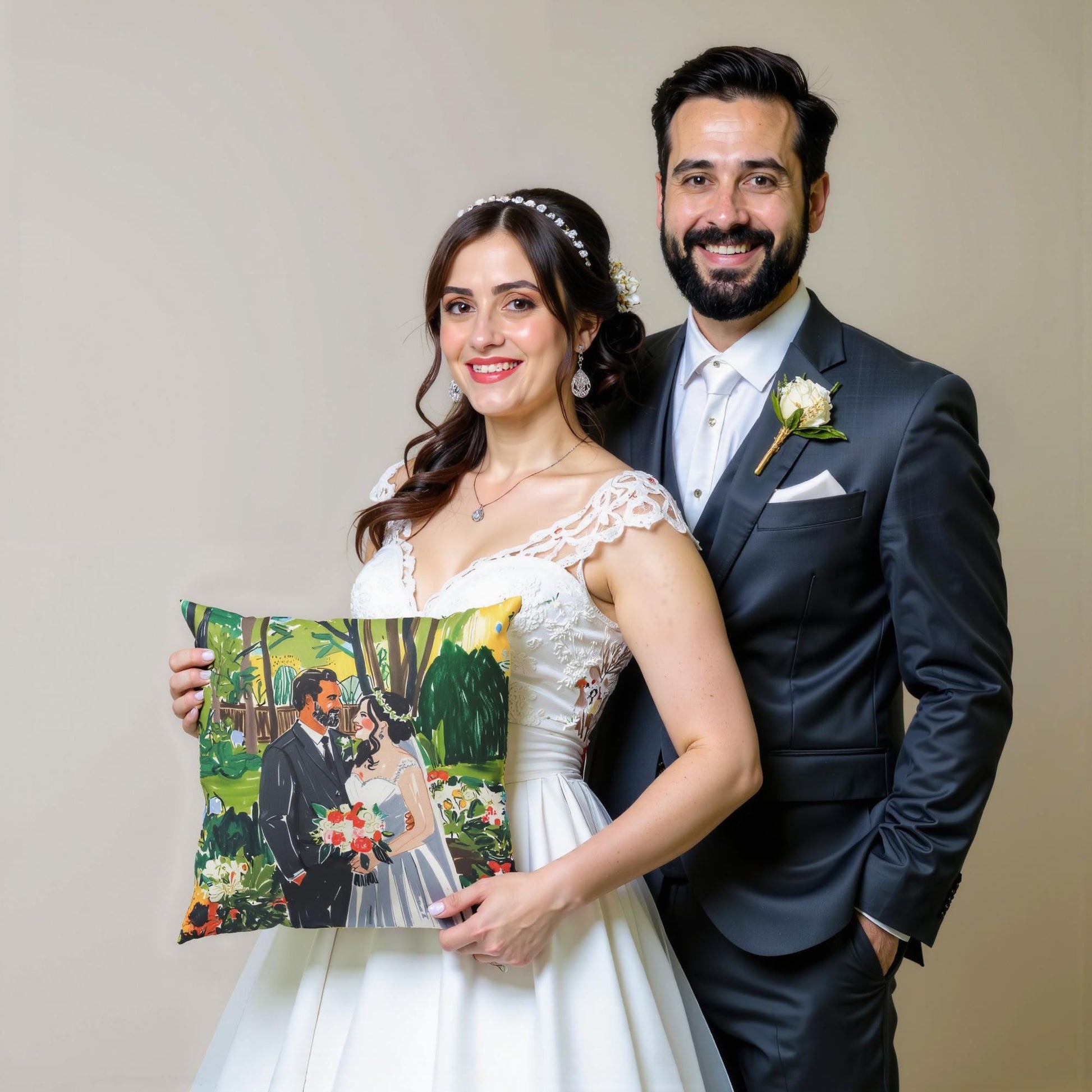 Pillow with a colorful couple in a green garden. Held by bride, standard size, unique wedding memory gift.