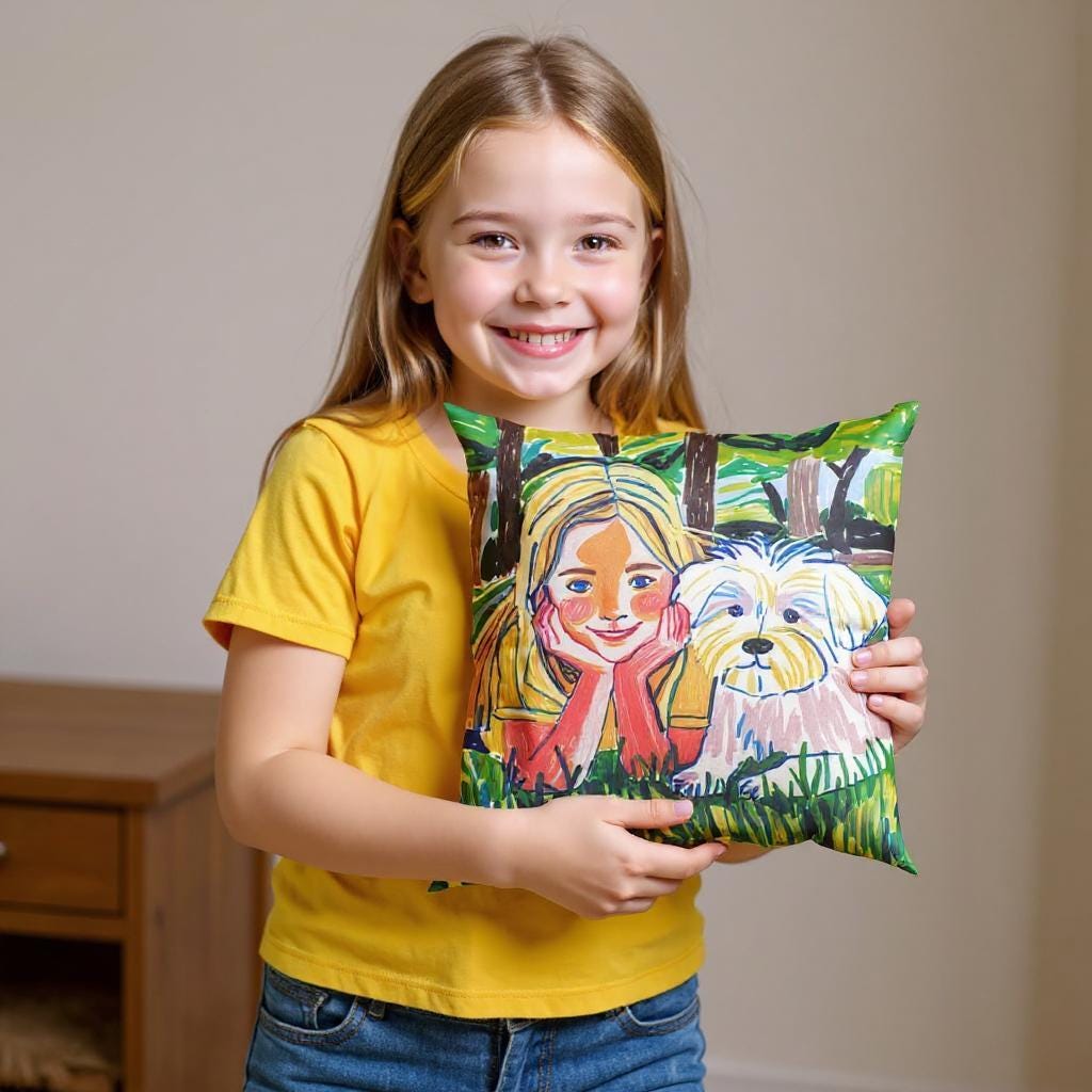 A young girl holds a custom portrait throw pillow featuring an illustration of herself with her Maltese dog, capturing a special bond in a colorful and personalized design.