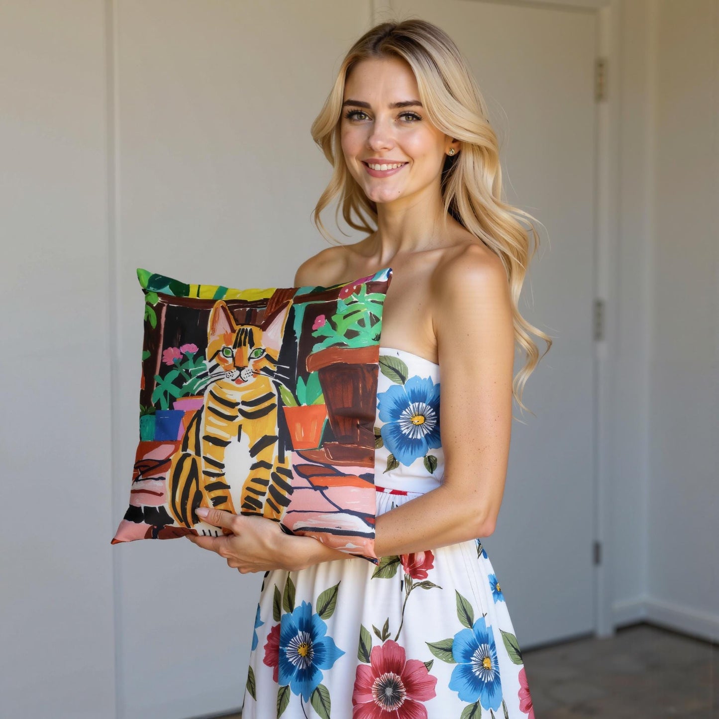 A woman holds a custom portrait throw pillow showcasing a stylized illustration of an orange tabby cat sitting by a window with potted plants. This personalized pillow adds a touch of artistic flair to any space.
