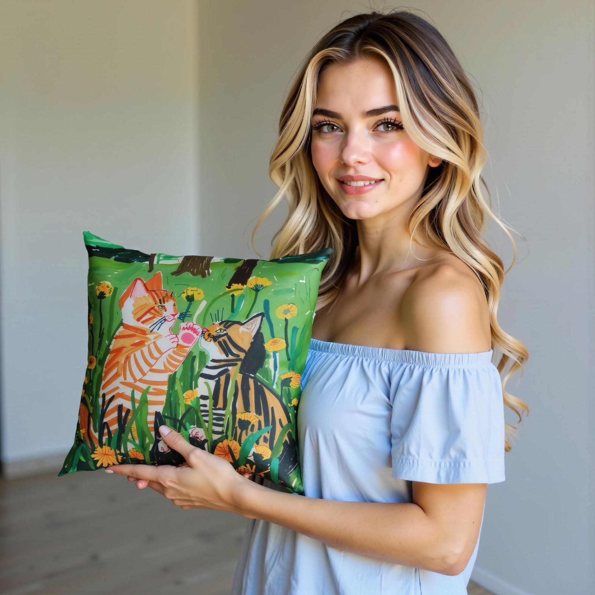 A woman holds a custom portrait throw pillow featuring two playful kittens in a field of dandelions, creating a charming and personalized keepsake.