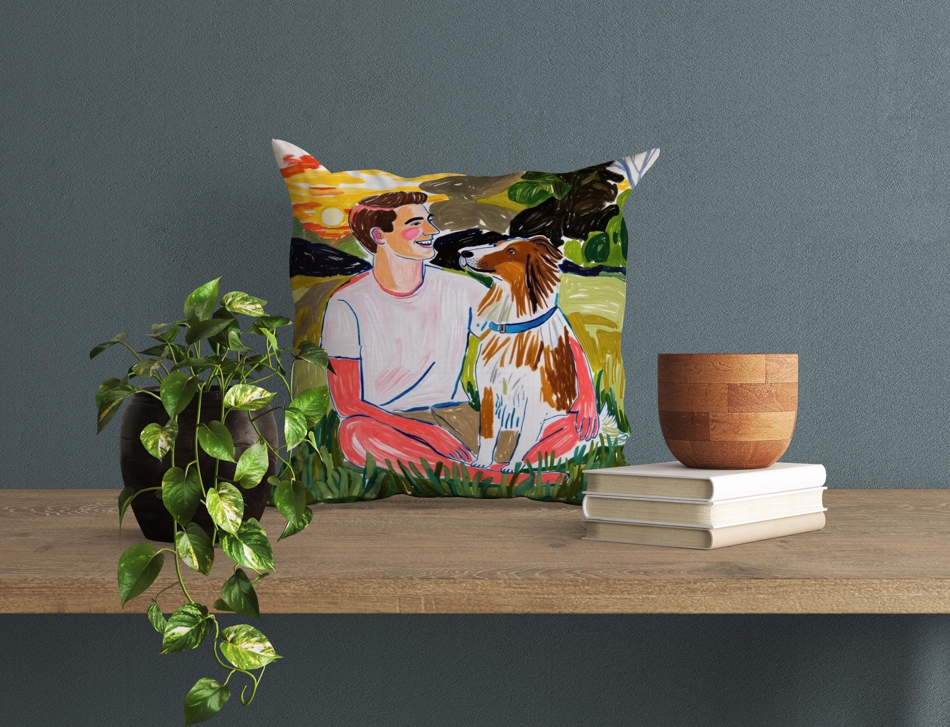Custom pet portrait pillow featuring a man and his dog sitting in a field at sunset, displayed on a wooden shelf with plants and books. The whimsical art captures the special bond between pet and owner.