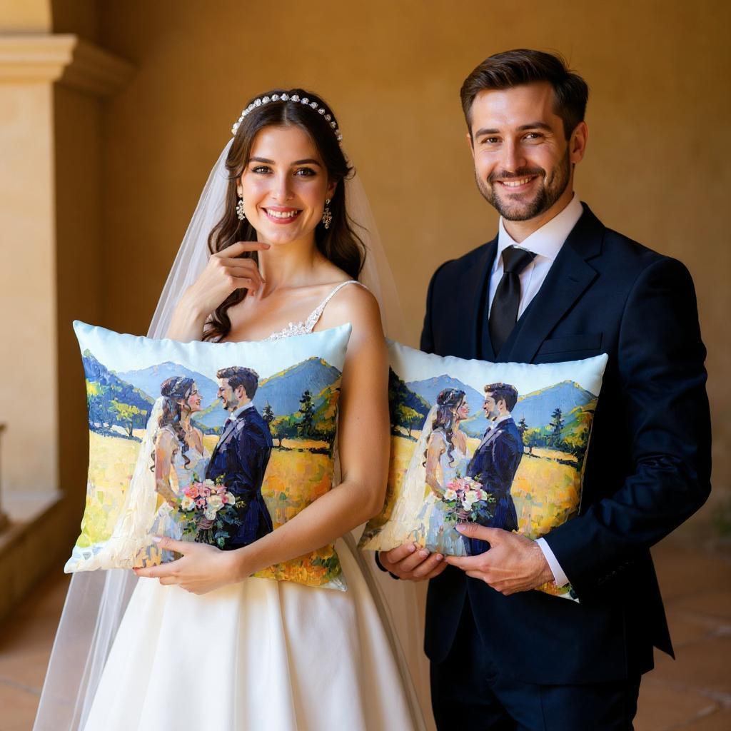 Double Sided Custom Wedding Pillow - Oil Style Thick Painted Look - Personalized Gift from Photo