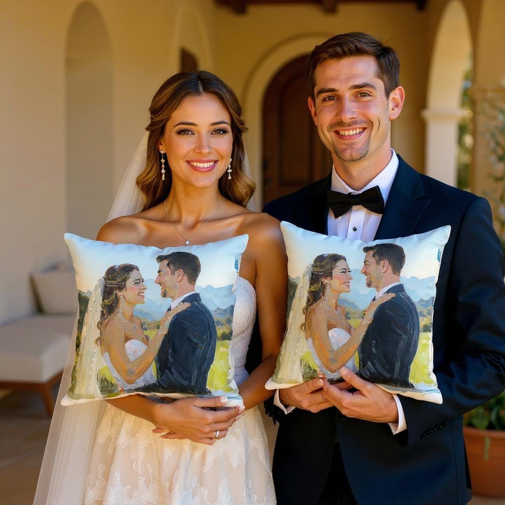 Custom Bridal Portrait Pillow - Hand Painted Oil Style Pillow Keepsake - Couple Gift Anniversary Decor