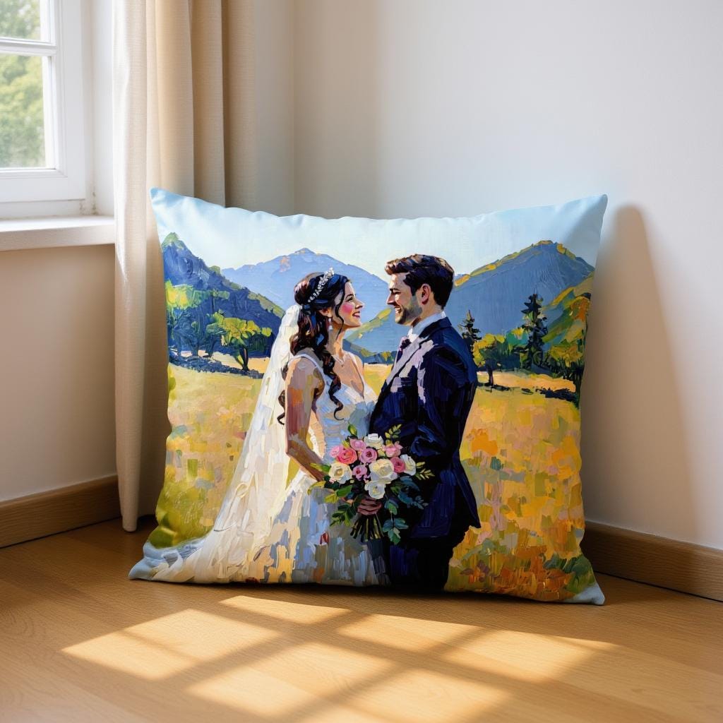 Wedding Couple Portrait Pillow - Personalized Oil Art Style Throw Pillow - Anniversary or Bridal Shower Gift