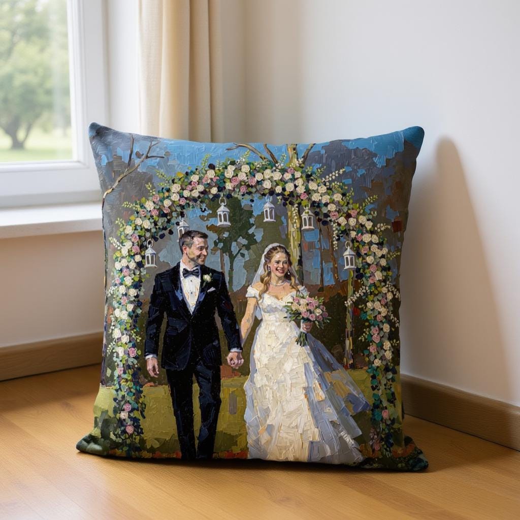 Custom Oil Painted Wedding Pillow - Hand-Drawn Portrait from Photo - Double-Sided Thick Paint Look